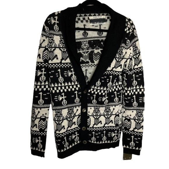 Henrik Vibskov Men's 100% Wool Black & White Tribal Knit Cardigan Sweater Sz S